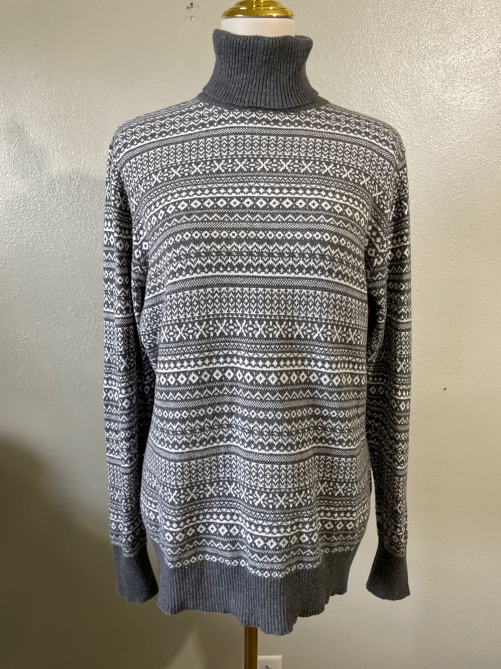 LL Bean L Gray Fair Isle Cotton Cashmere Blend Turtleneck Sweater Knit Pullover